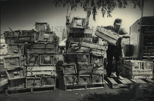 1992 Press Photo Summerfest vendor Ron Francis moving cases of corn - mjc31509 - Historic Images
