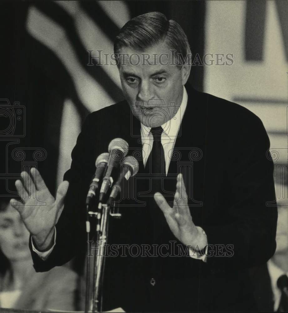 1984 Press Photo Walter Mondale giving speech while on presidential campaign. - Historic Images