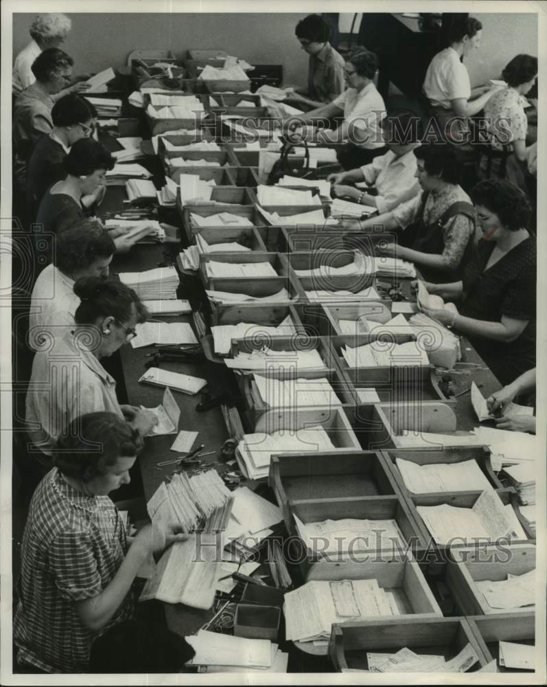 1958, Mail room processing incoming tax forms before deadline to file - Historic Images