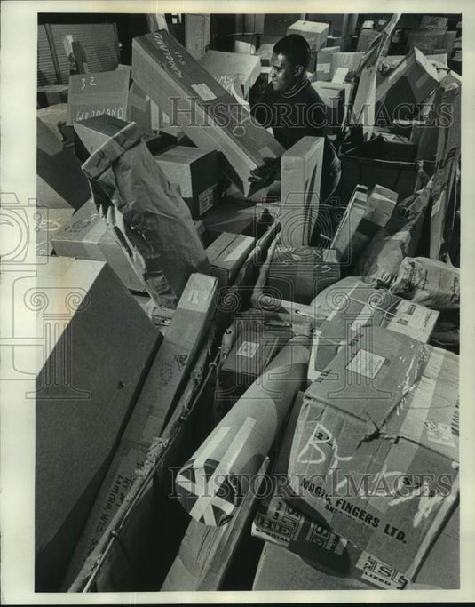 1976 Press Photo Mail handler Edward Brooks sorts packages, Milwaukee - Historic Images