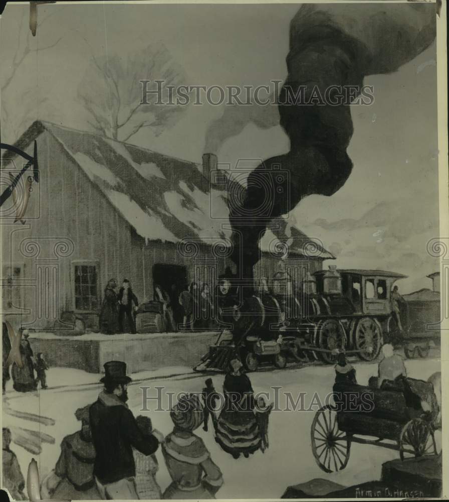 1978 Press Photo Historic RR, Armin Hansen Painting depicts Train Arrival - Historic Images