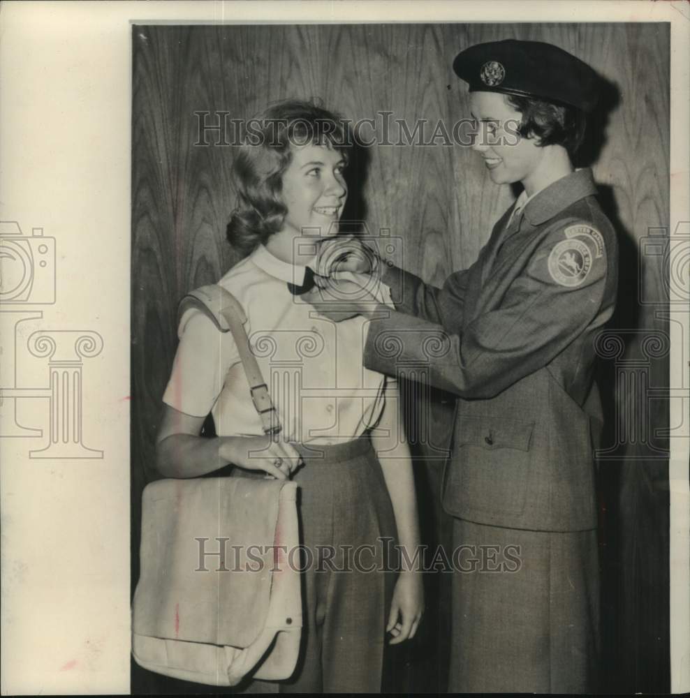 1964, Ann Dicken and Carol McDonald in Mail Carrier Uniforms Matick - Historic Images