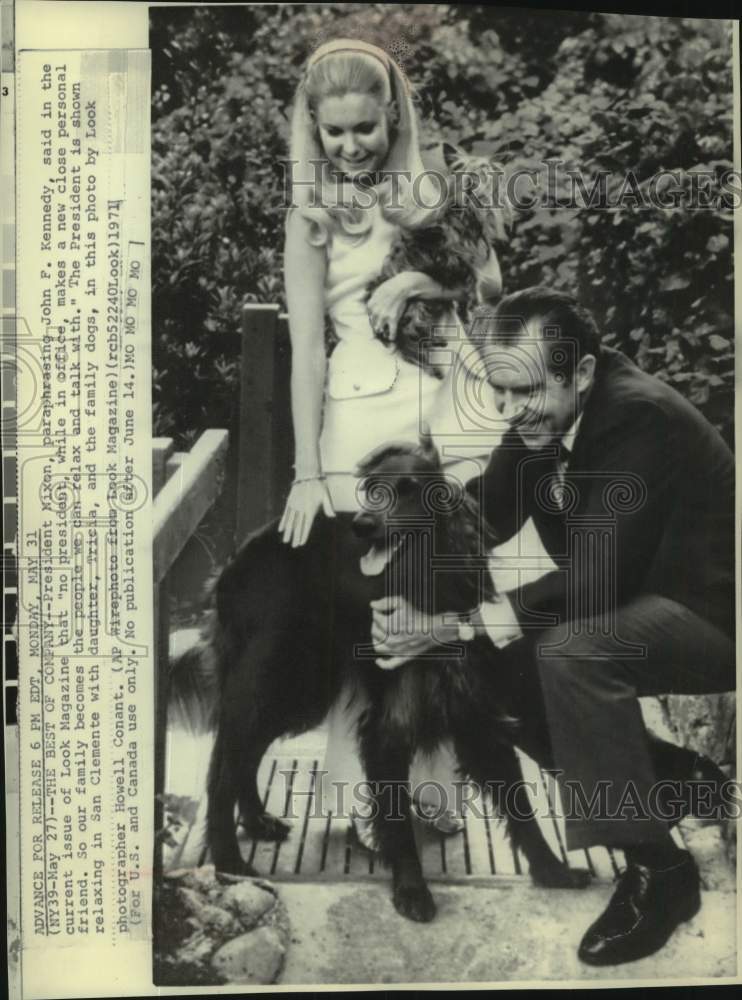 1971, Richard Nixon with Tricia and family pets in San Clemente - Historic Images