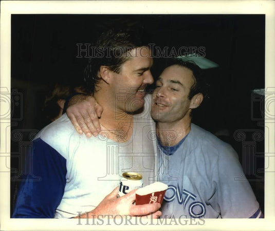 1993 Press Photo Paul Molitor and Mark Eichhorn celebrate Blue Jays title - Historic Images