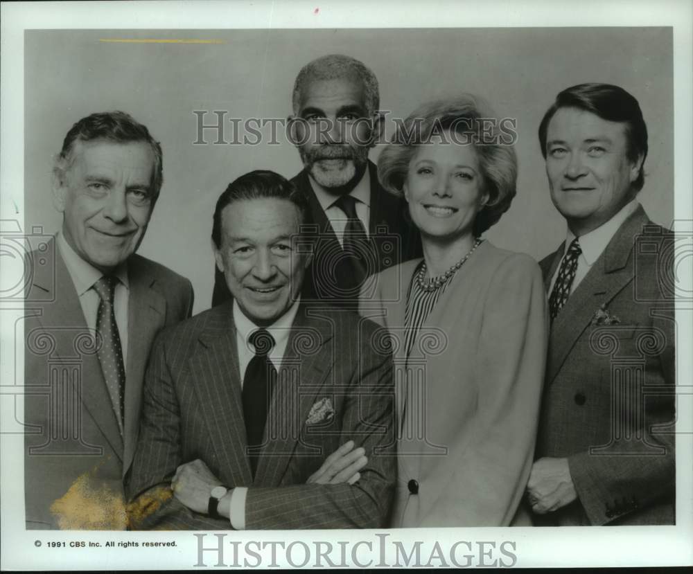 1991 Press Photo &quot;60 Minutes&quot; reporters Morley Safer, Mike Wallace and others - Historic Images