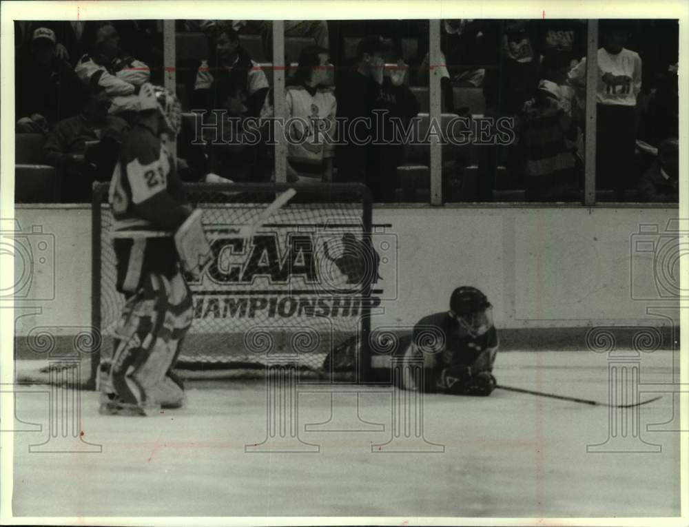 1993 Press Photo Badger's Goalie Jim Cary, and Defensive-man Chris Tok, Madison - Historic Images