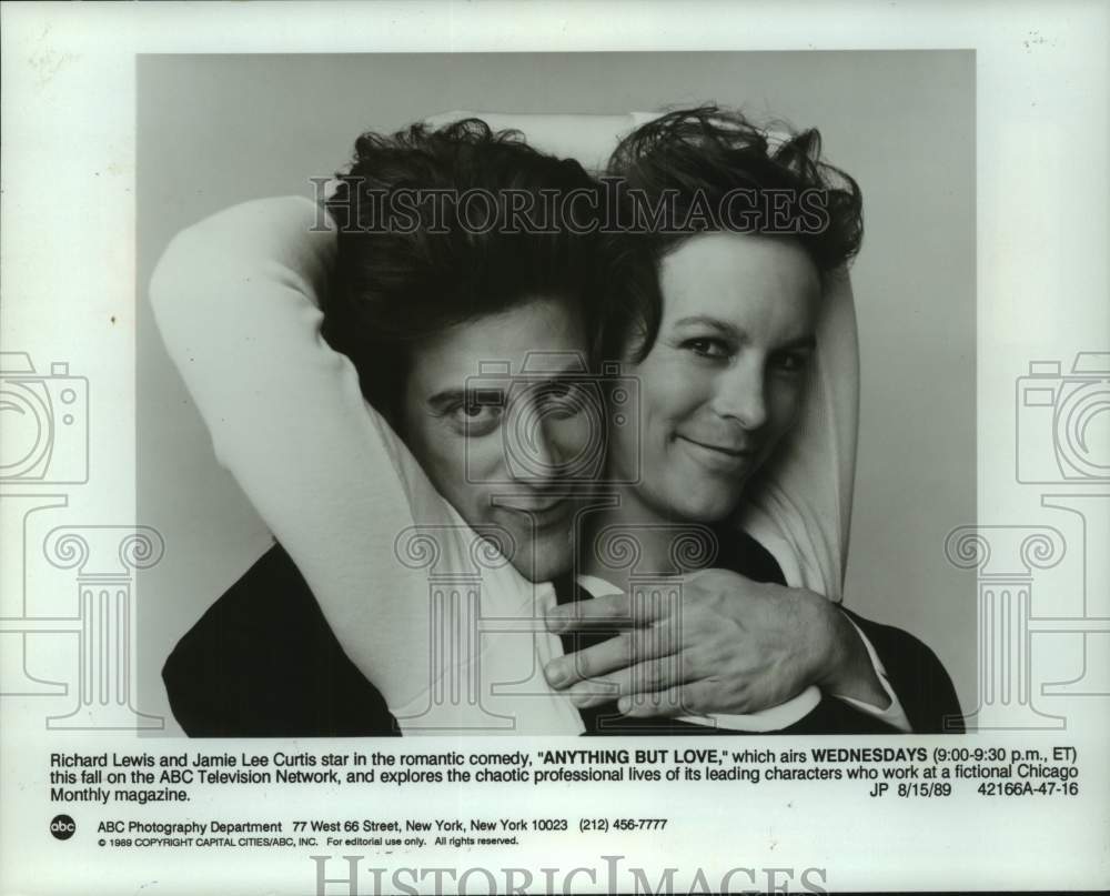 1989 Press Photo Richard Lewis &amp; Jamie Lee Curtis in &quot;Anything But Love&quot; - Historic Images