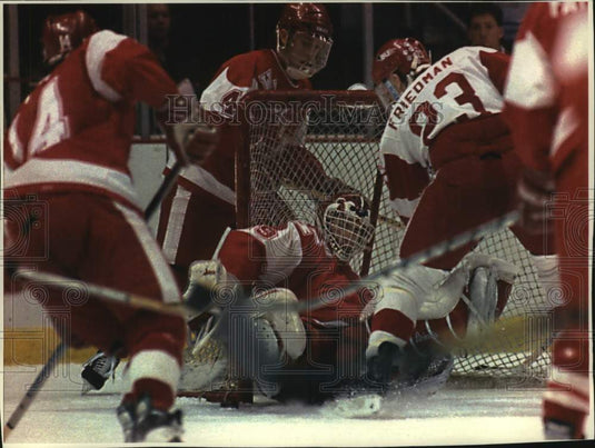 1994 Press Photo Goalie Jim Carey blocks a shot during a hockey game - mjc33668 - Historic Images