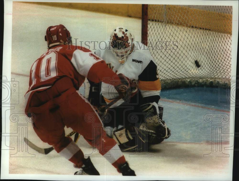 1995 Press Photo University of Wisconsin Shawn Carter makes goal over Minnesota - Historic Images