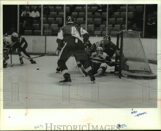 1993 Press Photo Jim Carey during University of Wisconsin hockey game, Madison. - Historic Images