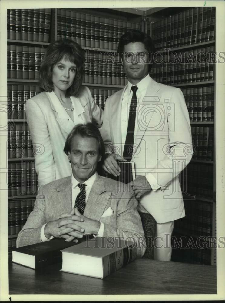 1986 Press Photo Corbin Bernsen, Jill Eikenberry &amp; Harry Hamlin in &quot;L.A. Law&quot; - Historic Images