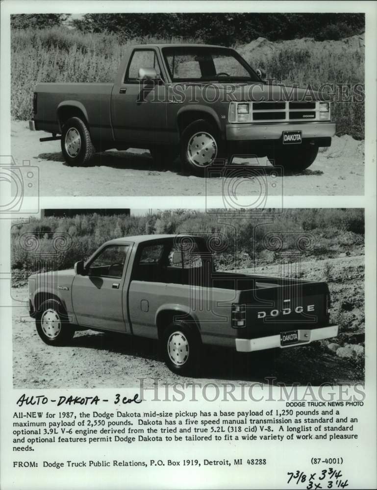 1986 Press Photo 1987 Dodge Dakota mid-size pickup truck - mjc34185 - Historic Images