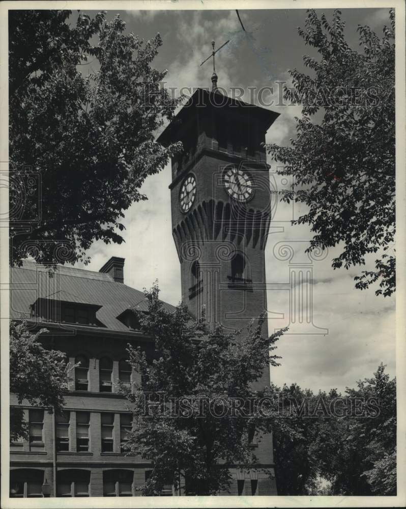 1961, Stout State University&#39;s landmark, Bowman Hall clock tower, WI - Historic Images