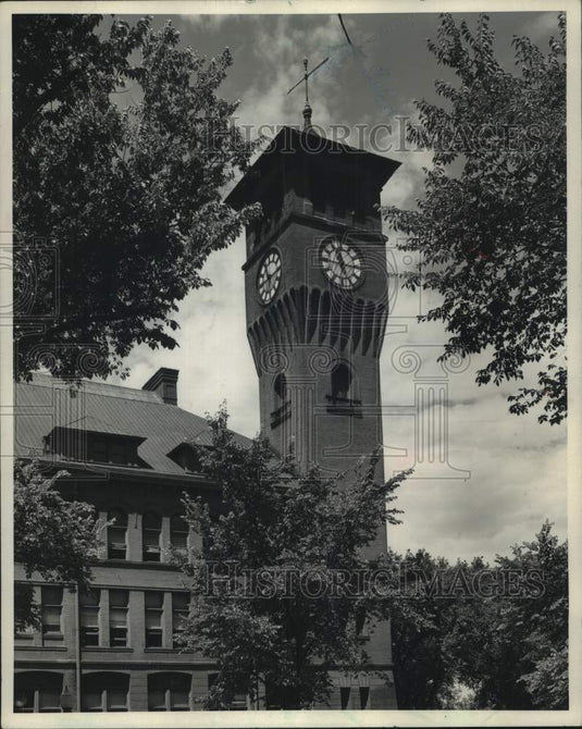 1961, Stout State University's landmark, Bowman Hall clock tower, WI - Historic Images