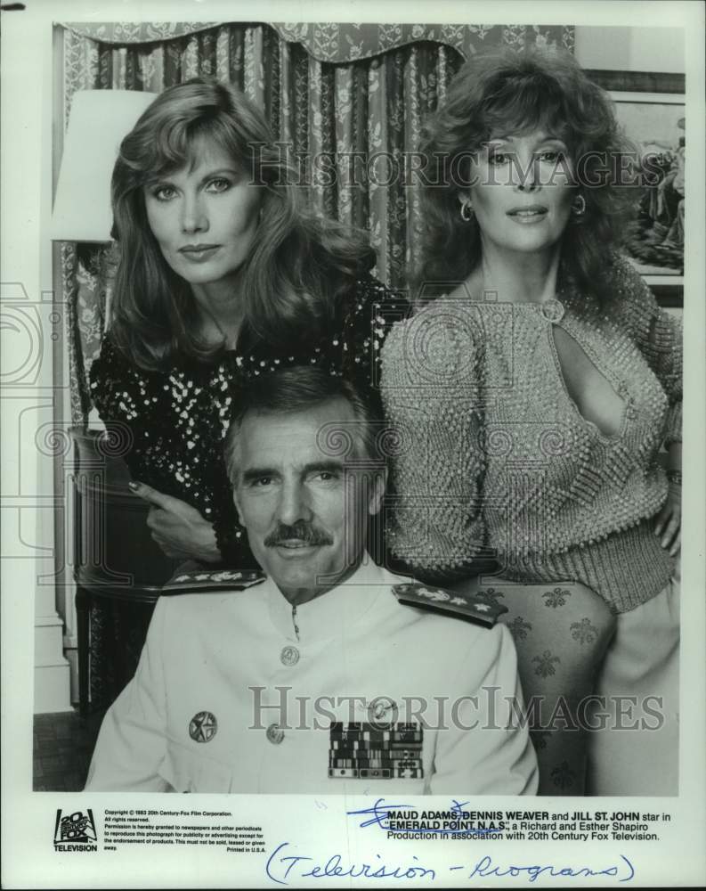 1983 Press Photo Maud Adams, Dennis Weaver, Jill St John, "Emerald Point N.A.S." - Historic Images