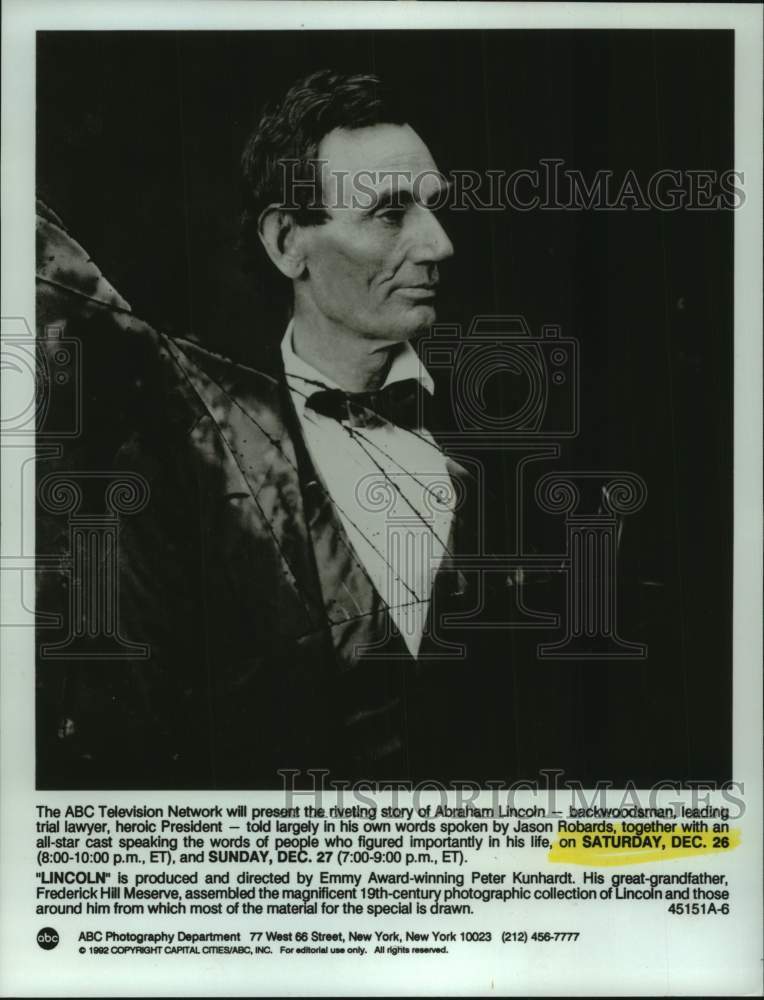 1992, ABC-TV presents a four-hour documentary "Lincoln". - mjc34987 - Historic Images
