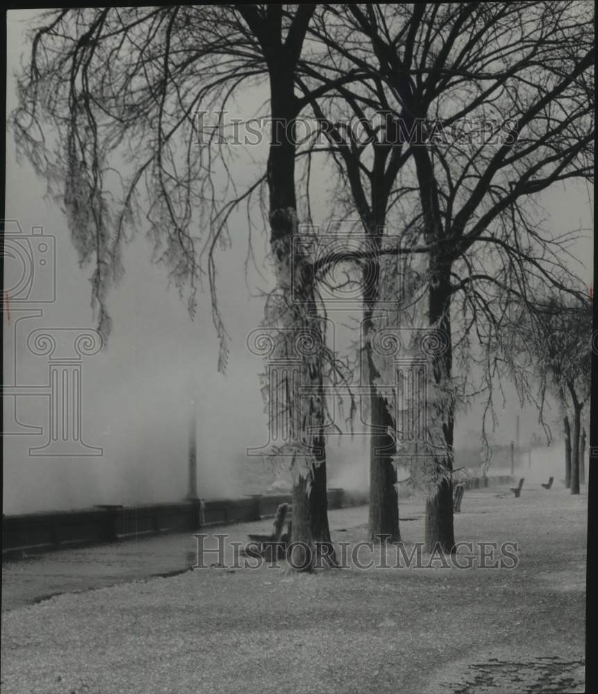 1954, Crystlline forms in Juneau park after wind storm splashed waves - Historic Images