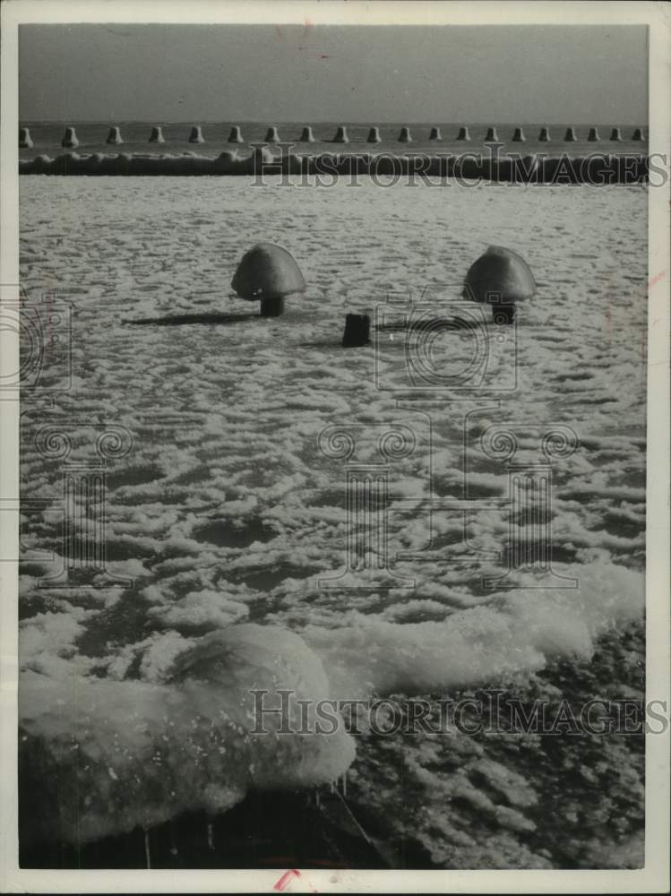 1995 Press Photo Icy mushrooms cap pilings along Lake Michigan shore, Chicago - Historic Images