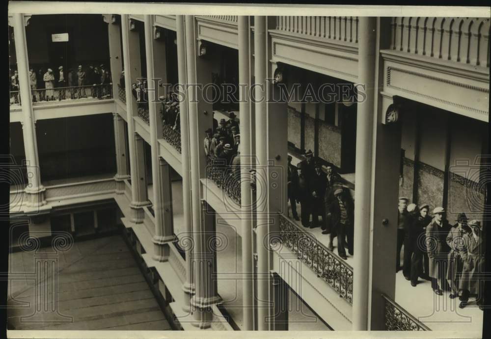 1933 Men lined up at department of labor balcony in Milwaukee - Historic Images