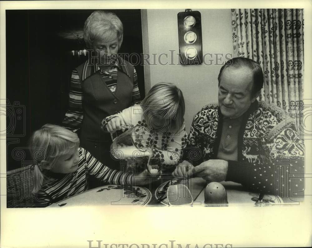 1971, Hubert Humphrey, wife and grand kids have tea time, Minnesota - Historic Images