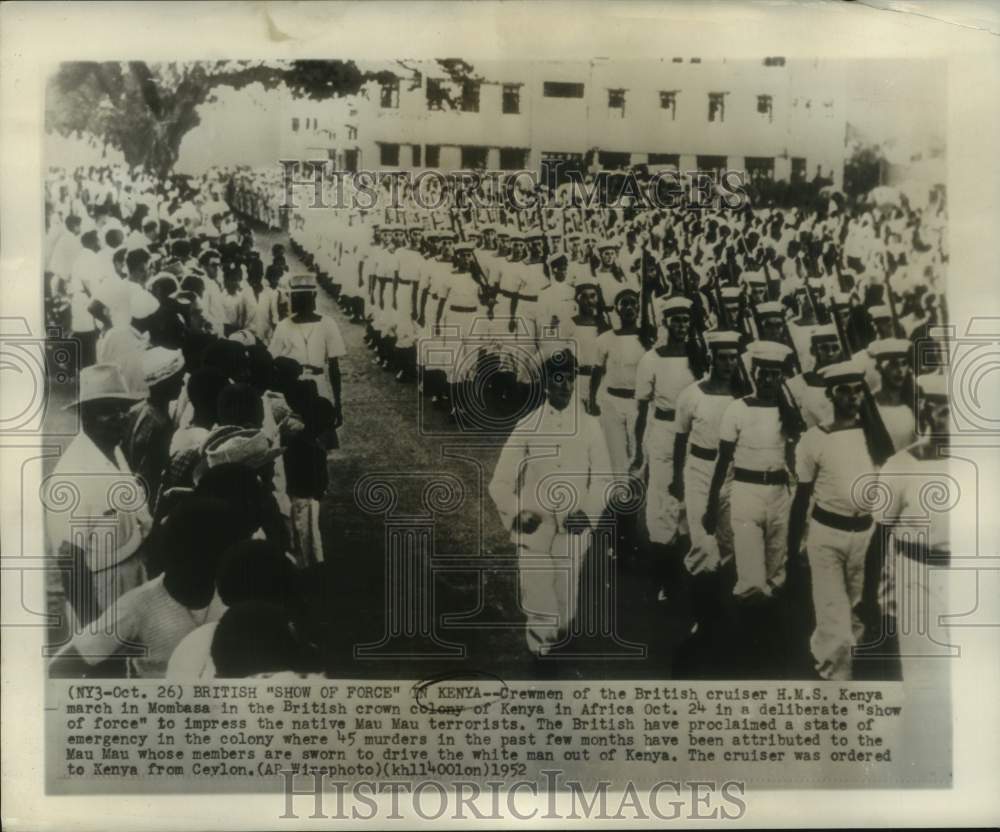 1952 Press Photo H.M.S. Kenya crewmen March in &quot;show of force&quot; in Mombasa, Kenya - Historic Images