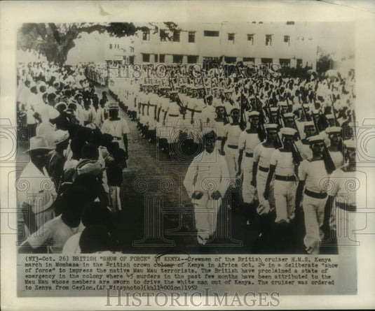 1952 Press Photo H.M.S. Kenya crewmen March in "show of force" in Mombasa, Kenya - Historic Images