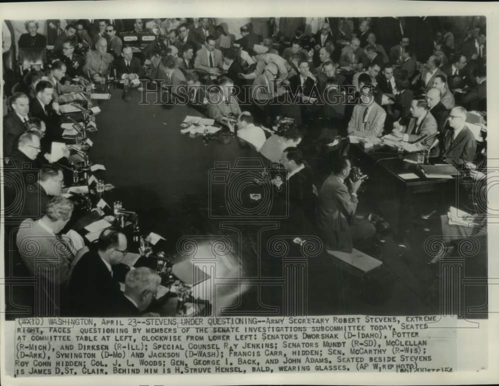 1954, Robert Stevens faces questioning at McCarthy-Army hearing. - Historic Images