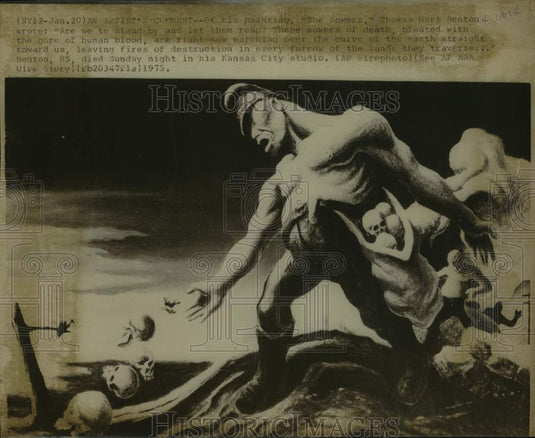 1975 Press Photo Artist Benton expresses himself with "The Sowers" painting - Historic Images