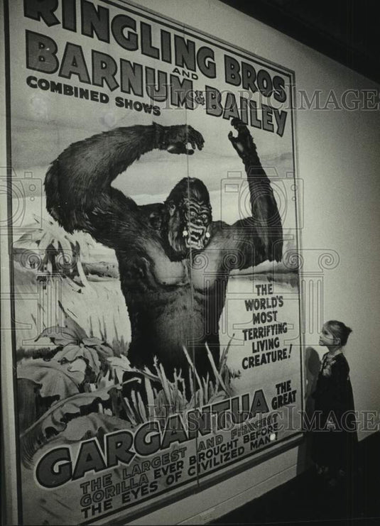 1981 Press Photo Nadia Medusa looks at 1930's movie poster, Milwaukee Art Museum - Historic Images