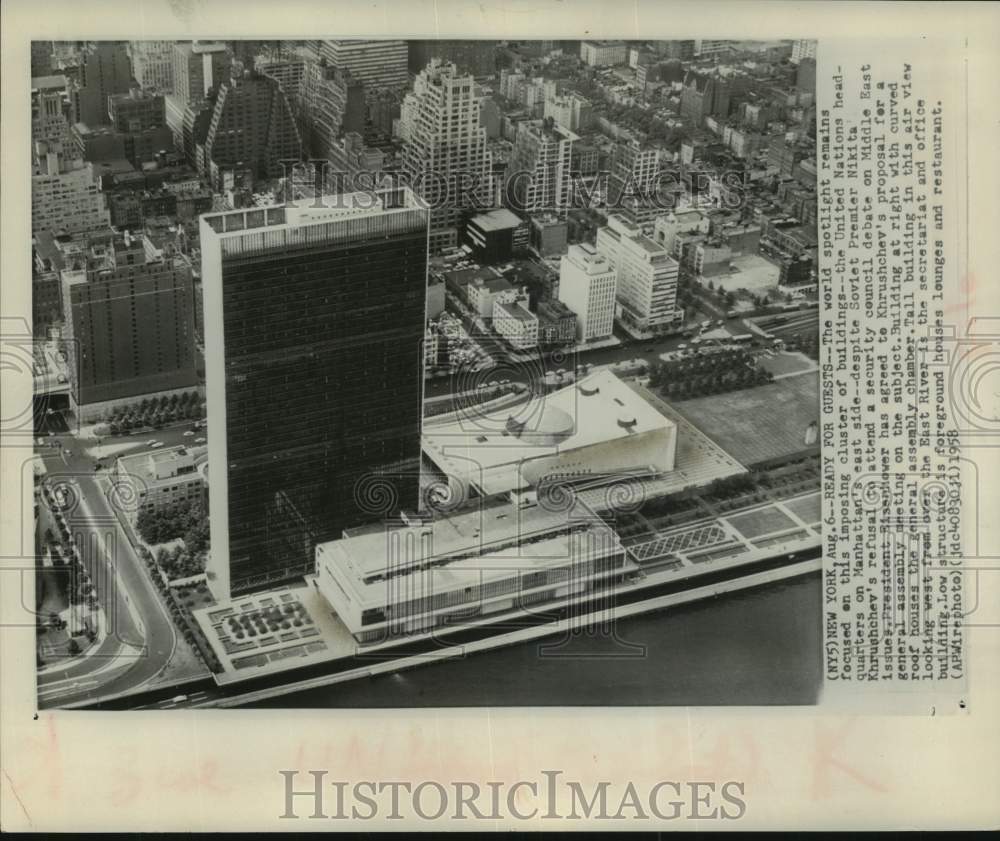 1958, Aerial view of United Nations and surrounding area in New York - Historic Images