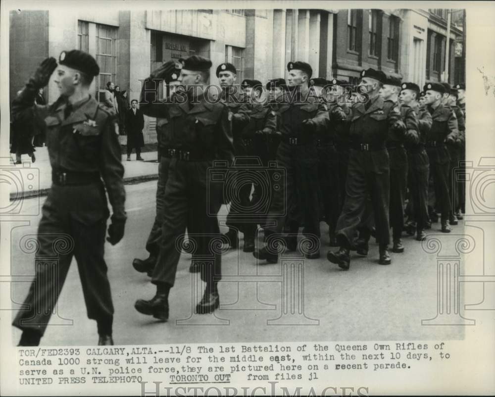 1956, 1st Battalion of Queens Own Rifles in recent parade, Canada. - Historic Images