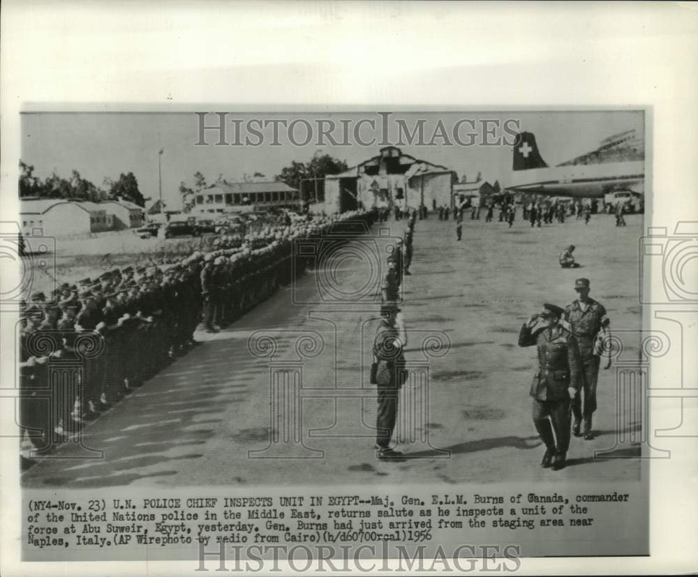 1956 Maj. Gen. E.L.M. Burns inspects U.N. Police unit in Egypt - Historic Images