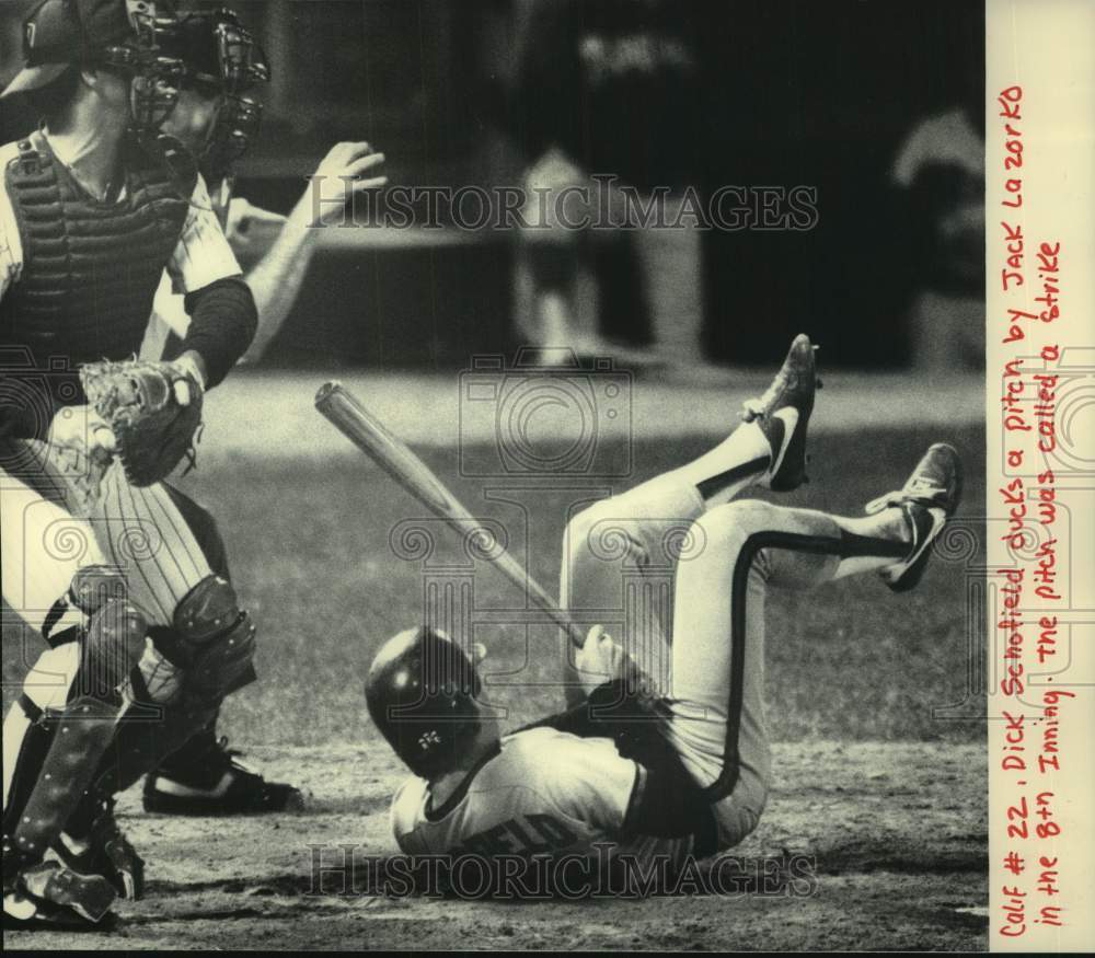 1984 Press Photo Angels' Dick Schofield ducks a pitch by Brewer Jack Lazorko - Historic Images