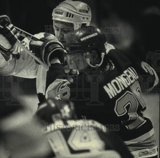 1991 Press Photo Admirals' Peter De Boer and Peoria's Michel Mongeau mix it up. - Historic Images