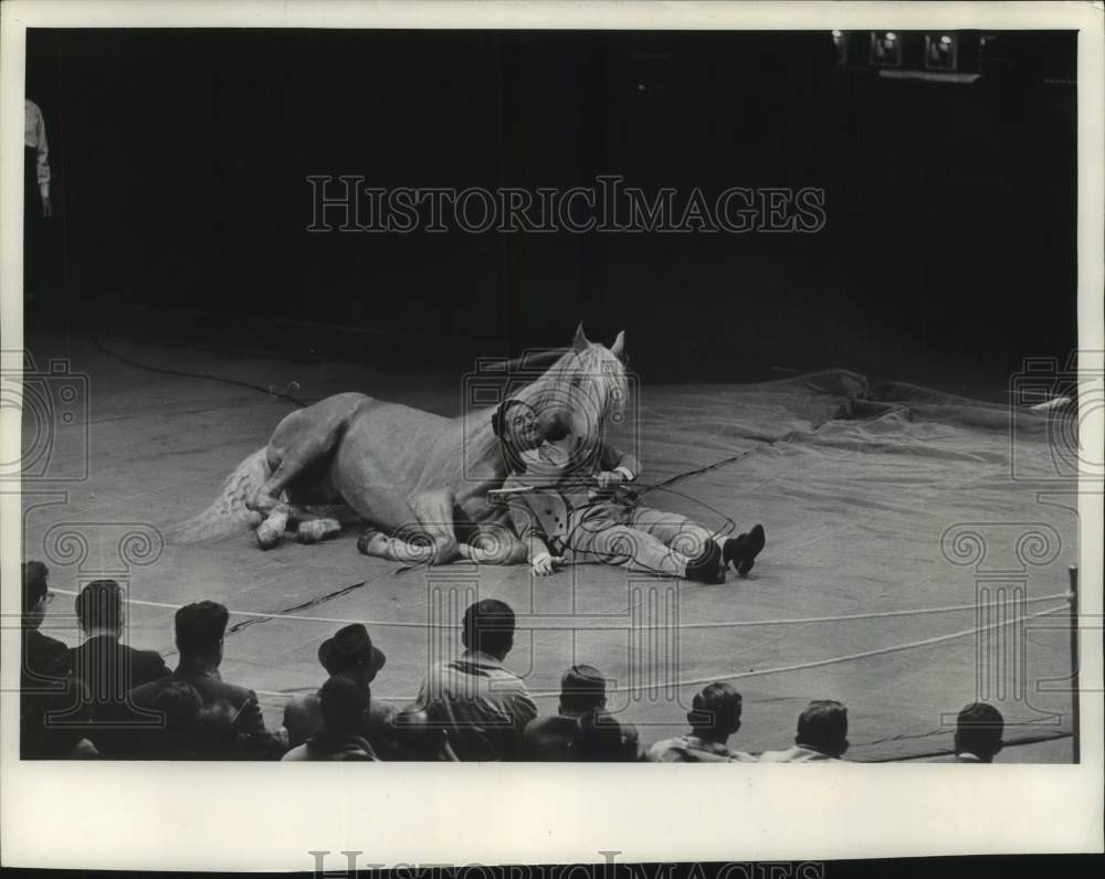 1963, Tony the Wonder Horse &amp; master Rosaire at Milwaukee Sports Show - Historic Images