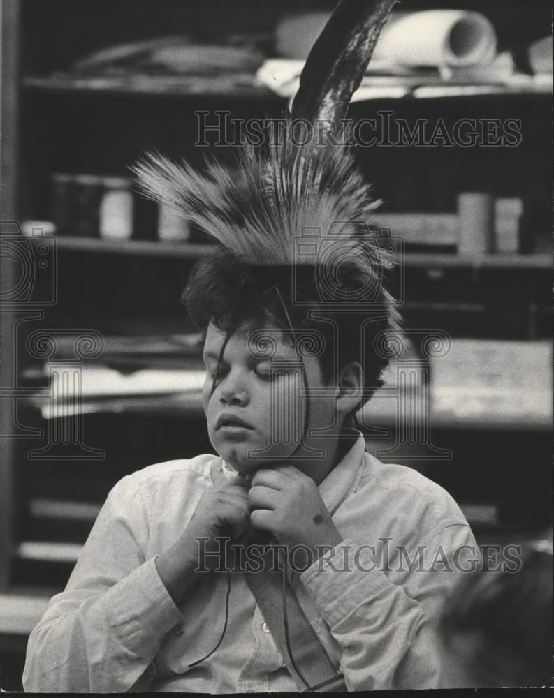 1973, Youth Putting On Native American Headdress For Cultural Session - Historic Images