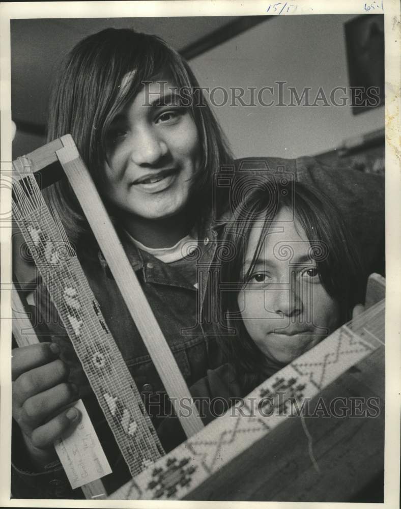 1973, Ron Gokey, Jim Dennis, Chippewa Indians at school show headband - Historic Images