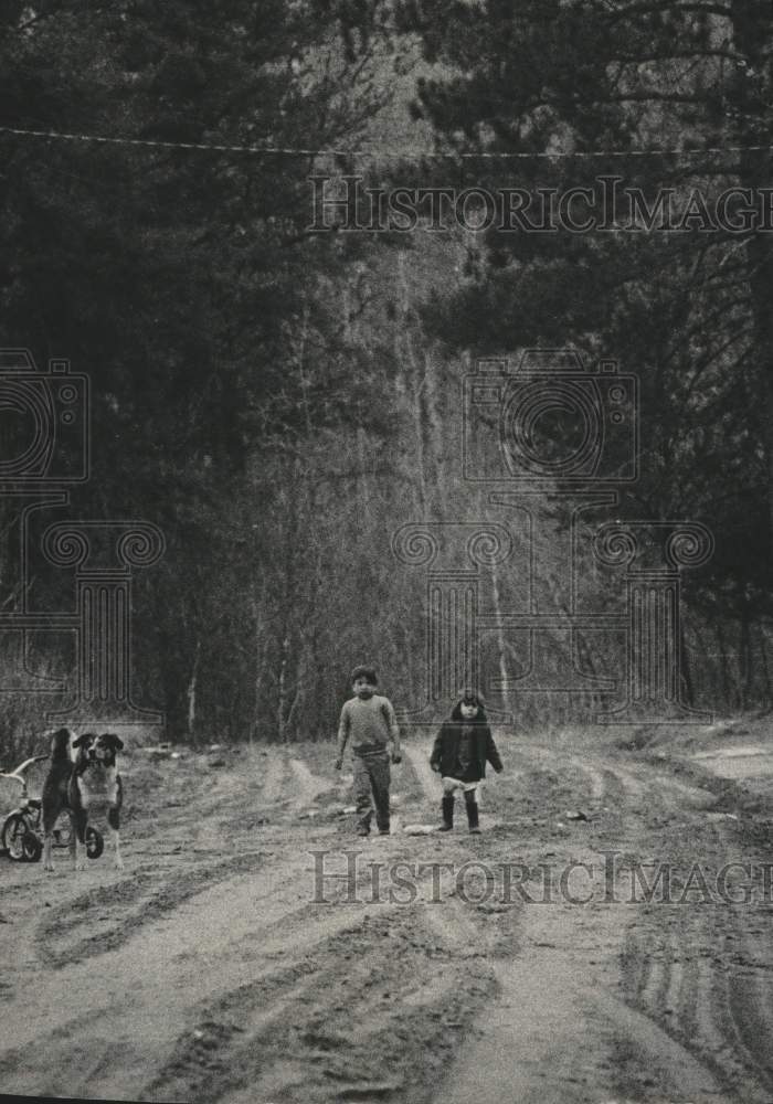 1973, Two youngsters chasing a dog along street at edge of New Post. - Historic Images