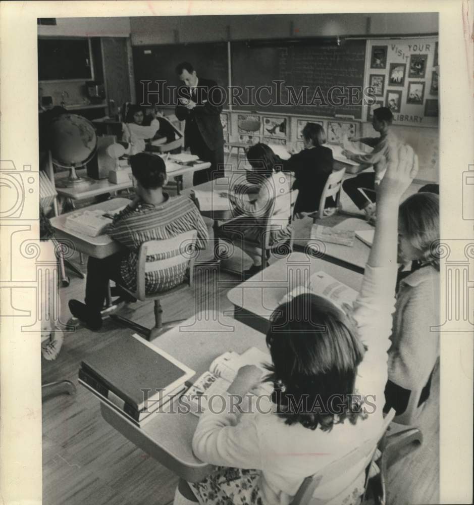 1964, Principal Everett Jensen teaches class, Keshena, Menominee, WI - Historic Images