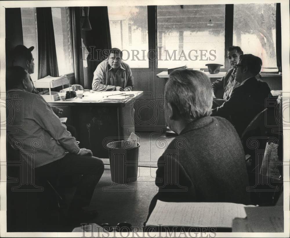 1973, Rick Baker chairman, others, Chippewa tribal meeting, Reserve. - Historic Images
