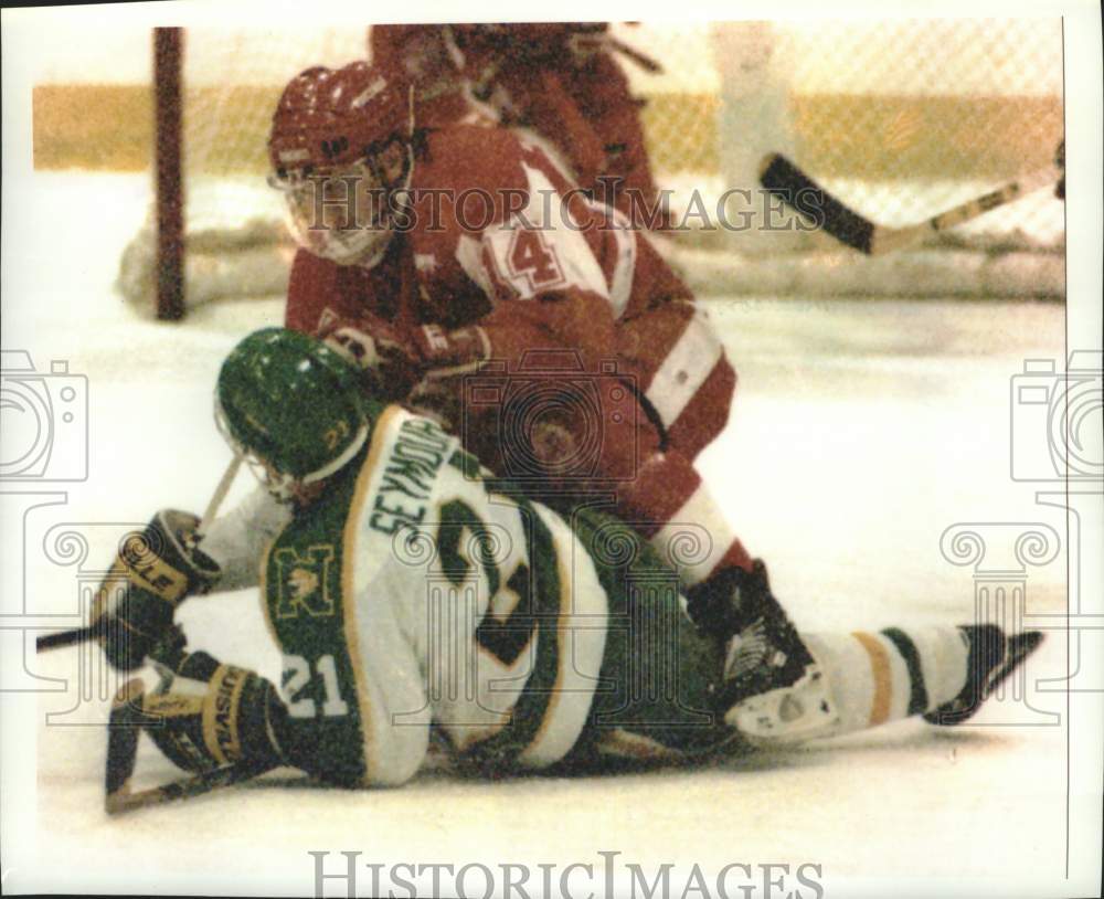 1995 Press Photo Chris Tok Badger tangles with Dean Seymour Wildcat, Wisconsin. - Historic Images