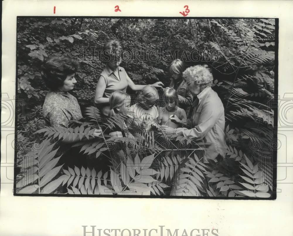 1975 Press Photo Girl Scouts &amp; their leaders on a nature trail in Glendale - Historic Images