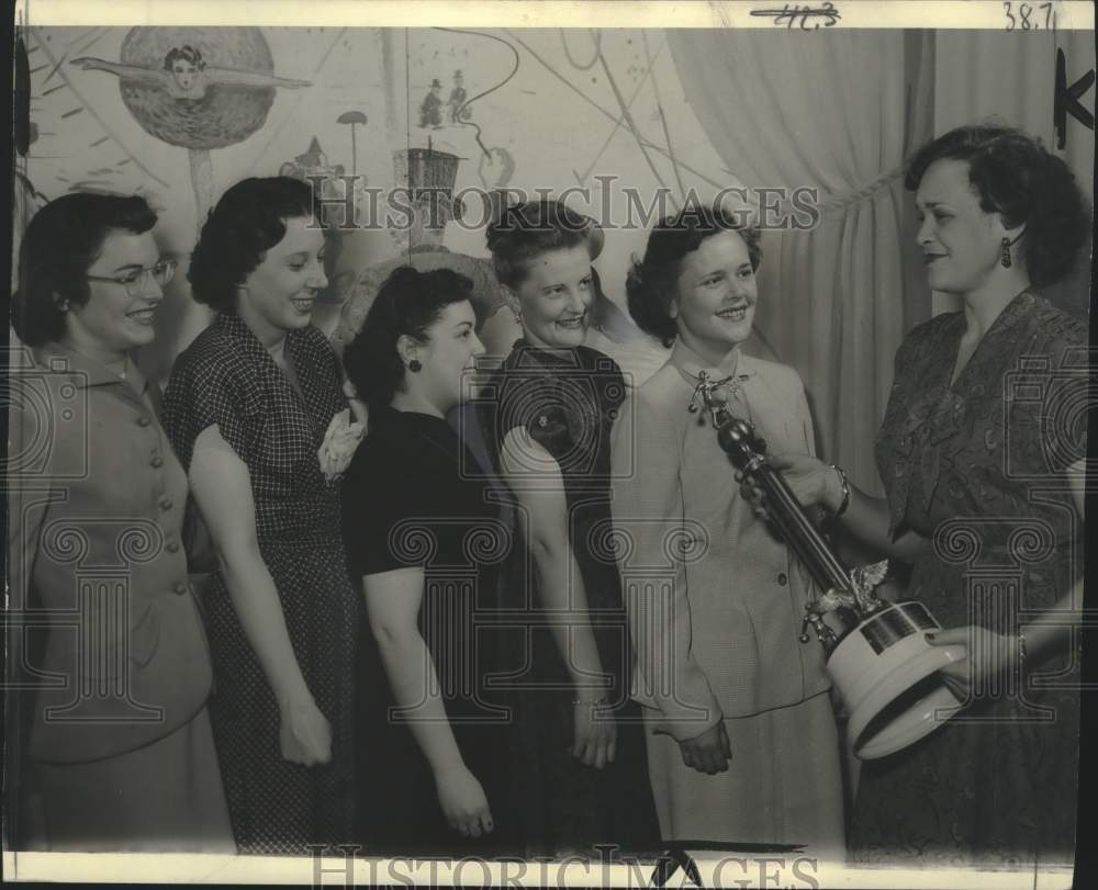 1957 Press Photo Women presented with bowling trophy - mjc38707 - Historic Images