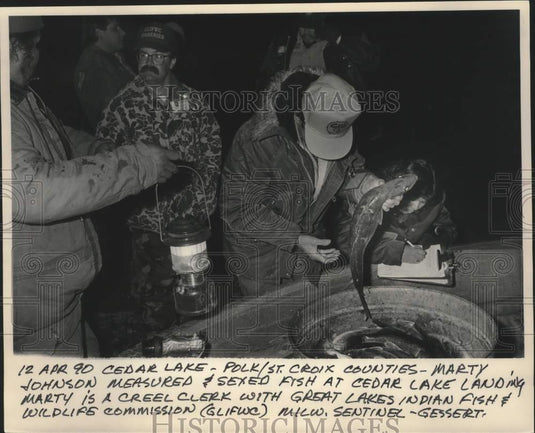 1990 Press Photo Creel clerk Marty Johnson measures & sexes fish at Cedar Lake - Historic Images