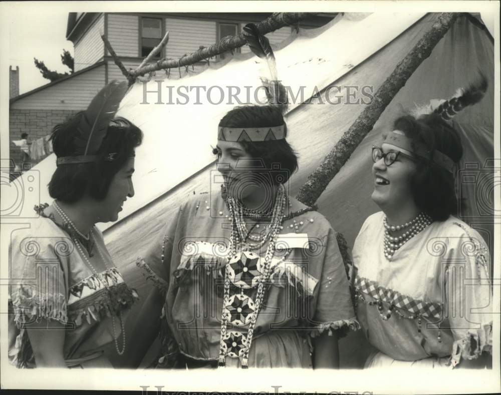 1964, Garden River Hostesses in traditional Indian garb greet guests - Historic Images