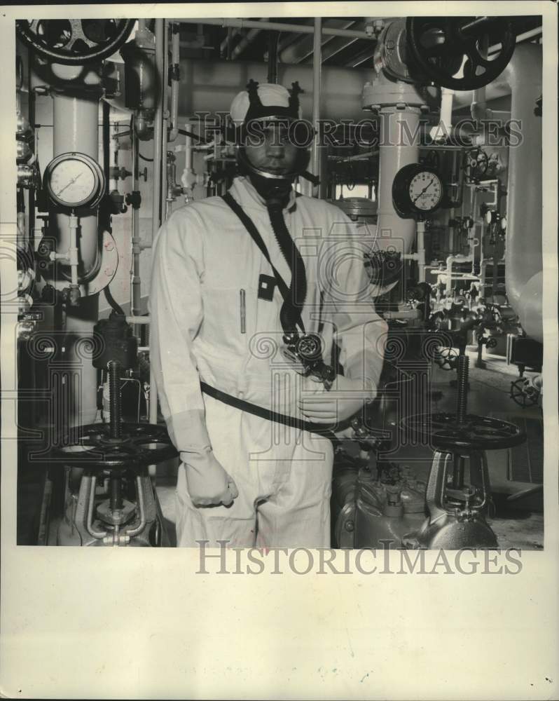 1960, Man protective gear in United States Army technician training - Historic Images