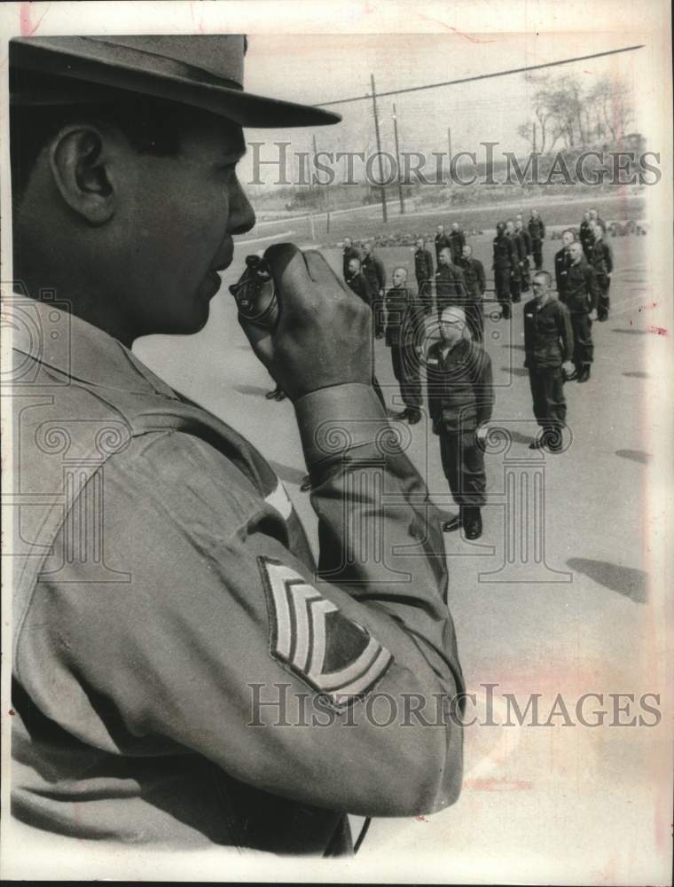 1966, Platoon sergeant gives commands to Army draftees, Fort Dix - Historic Images