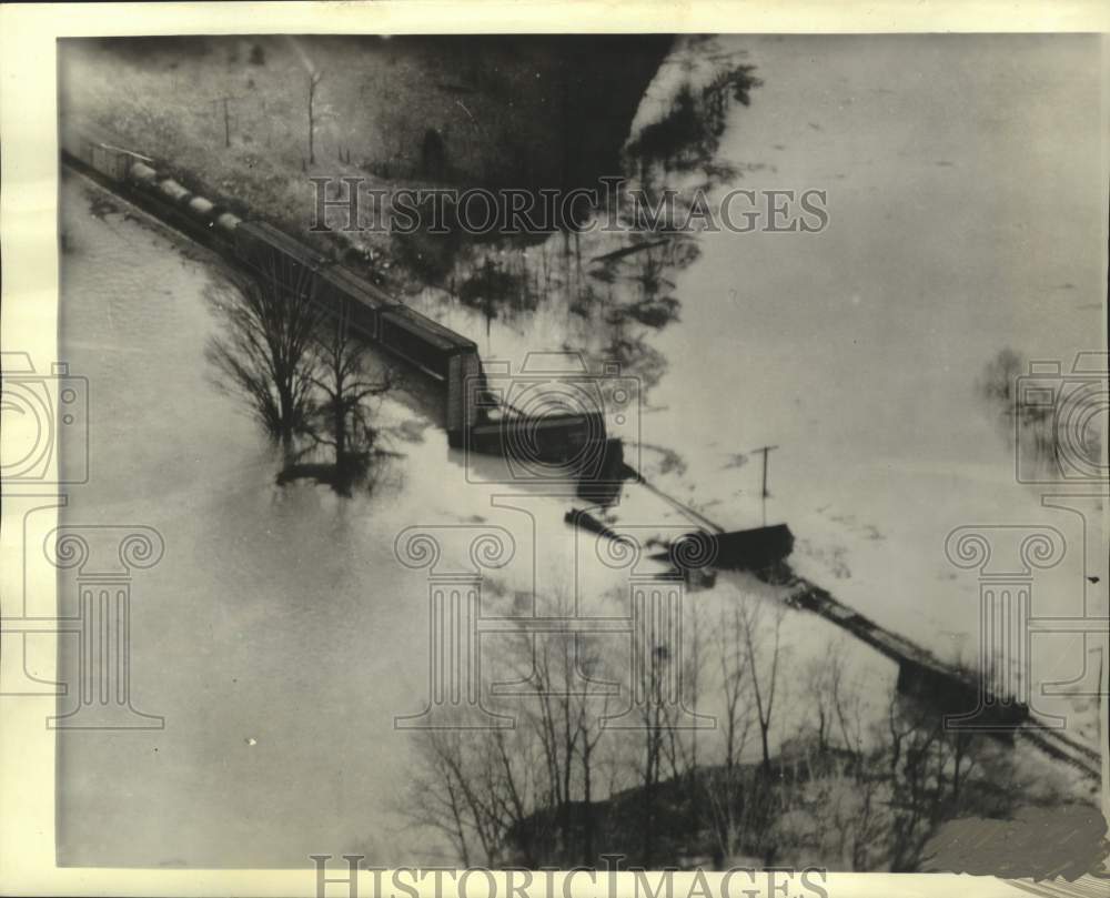 1937, Aerial view of flooded train tracks &amp; derailed train, Tennessee - Historic Images
