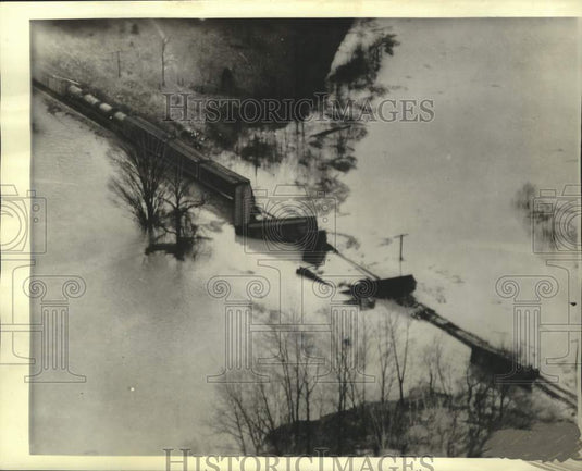 1937, Aerial view of flooded train tracks & derailed train, Tennessee - Historic Images