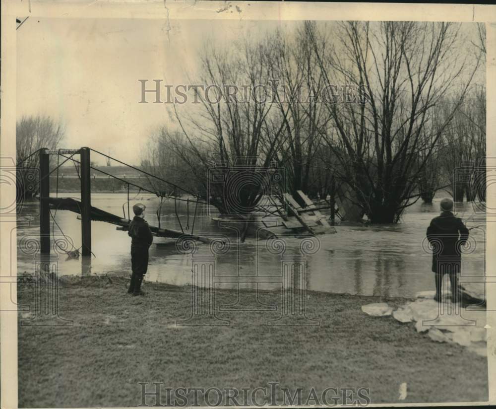 1938, Menomonee River Over Banks and Bridge Collapsed in Currie Park - Historic Images